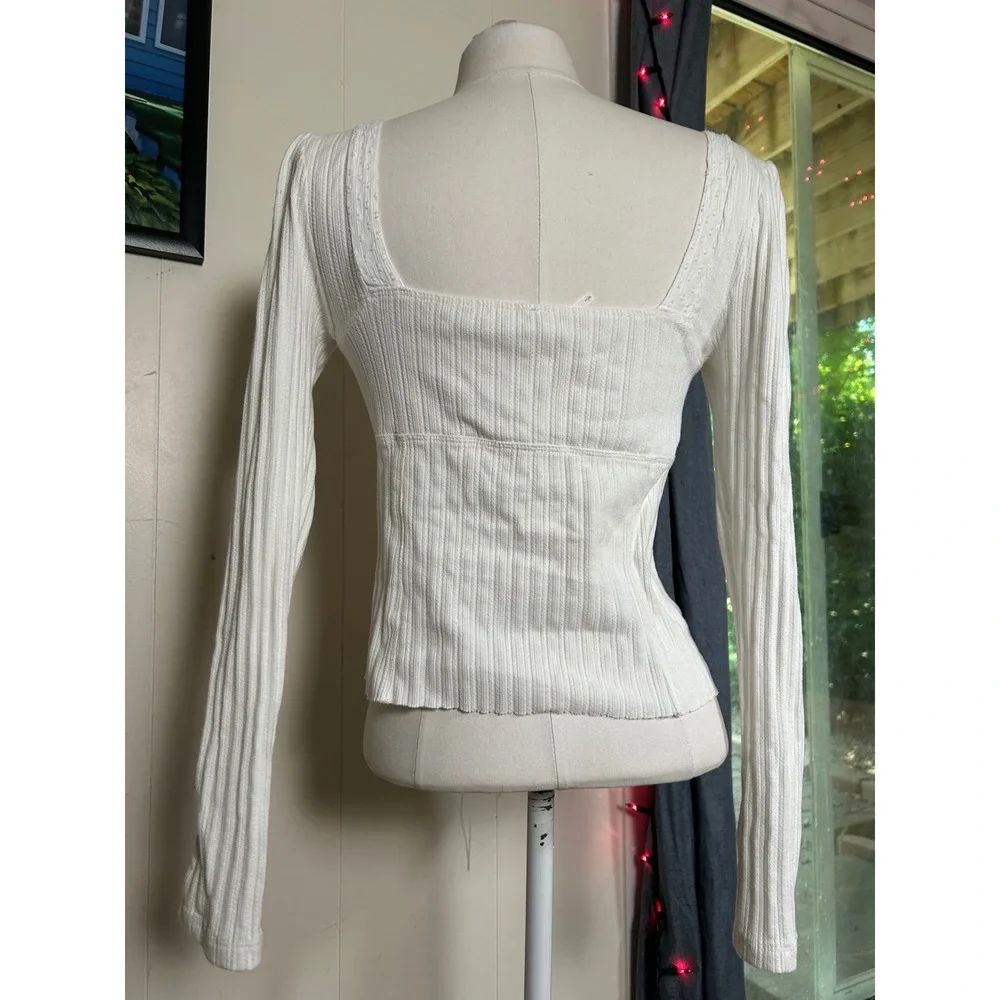 Free People White Lace Ribbed Long Sleeve Top Square Neck Coquette Prairie S